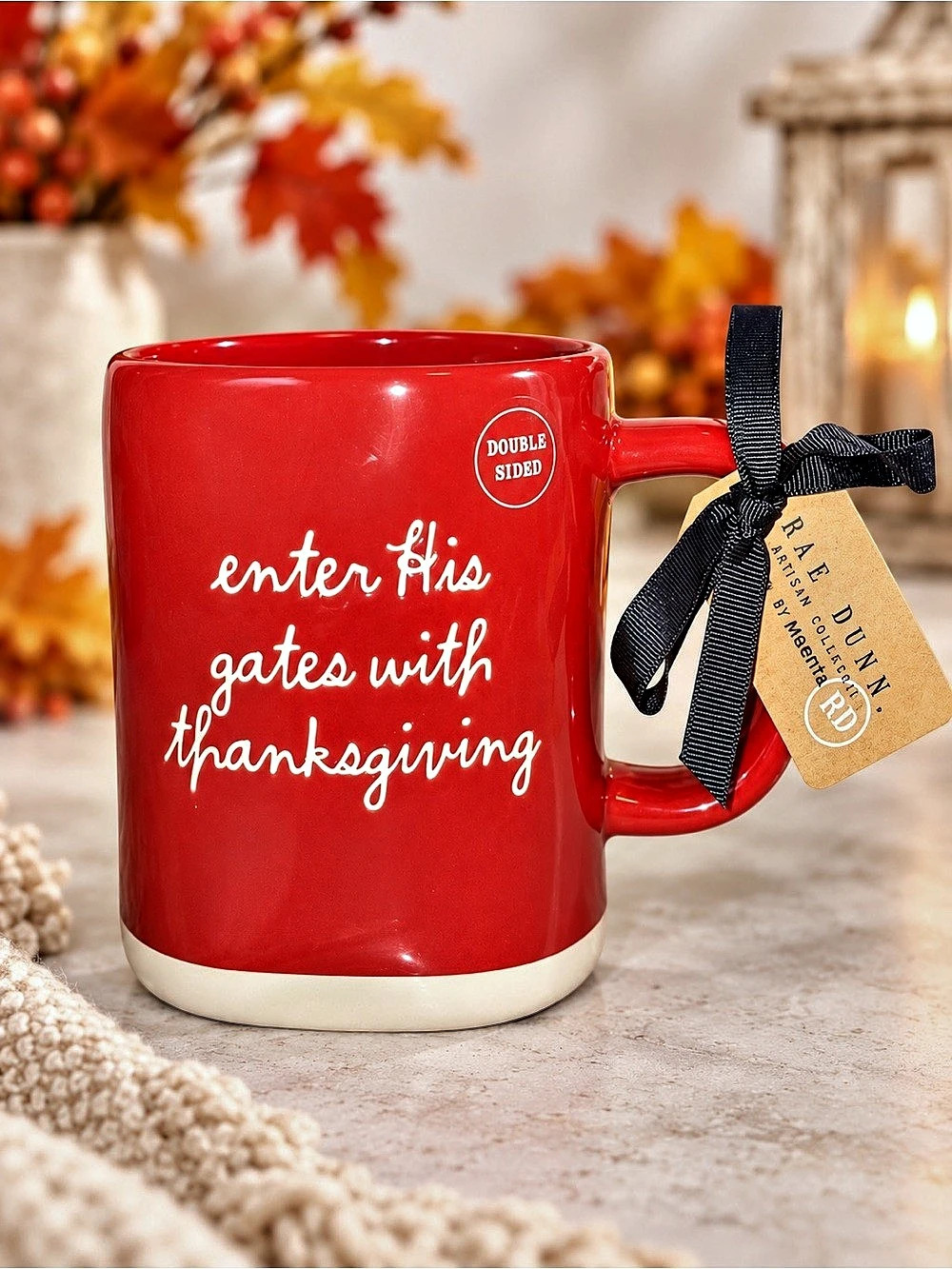 Rae Dunn Enter His Gates With Thanksgiving Mug Red & White NWT